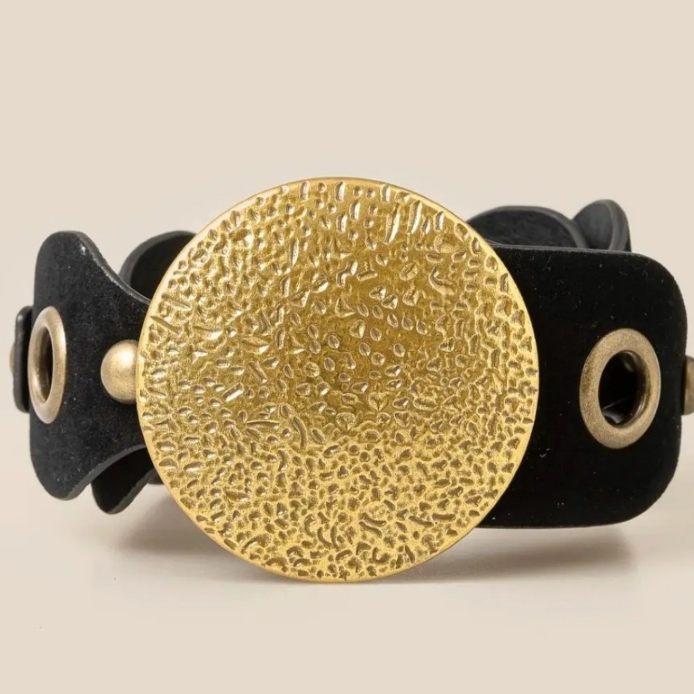 Black Faux Leather Bracelet with Textured Gold Disc